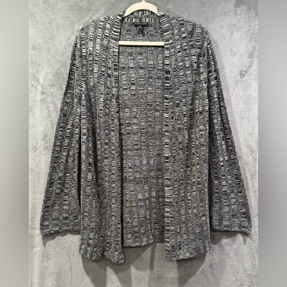 EILEEN FISHER Black White Silk Linen Bell‎ Sleeve Cardigan Sweater Size Small